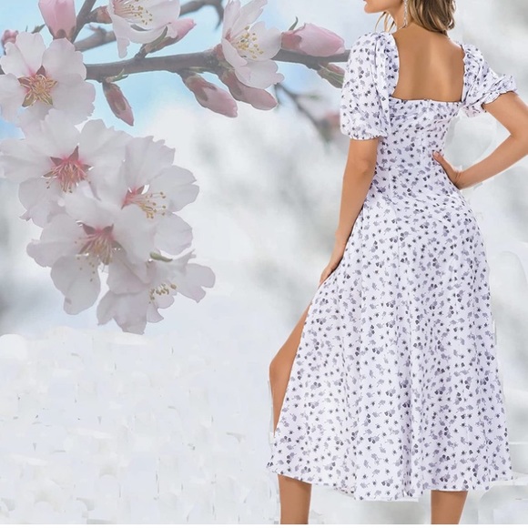 Cottagecore Boho Floral Square Neck Ruffle Hem Split Dress - Picture 6 of 7